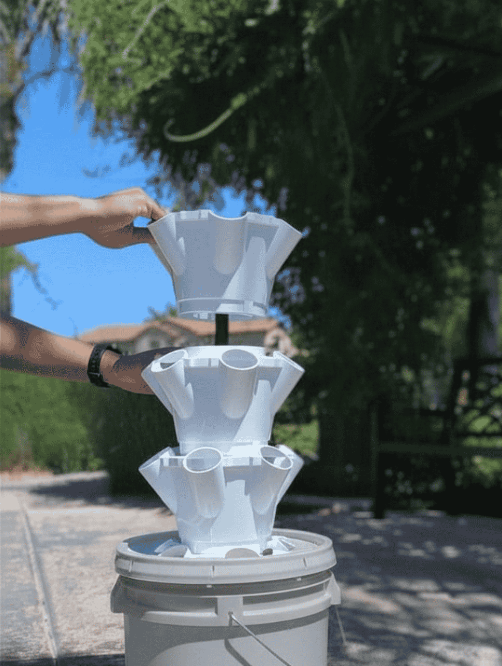 A white plastic tiered V-Gro hydroponics system being assembled outdoors, with a person's hands placing the top tier onto a bucket in a backyard setting with trees and blue sky in the background.