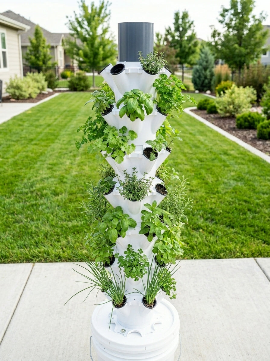 A white vertical hanging planter tower filled with green herbs and plants, set on a concrete patio in a suburban backyard with a green lawn and trees in the background.