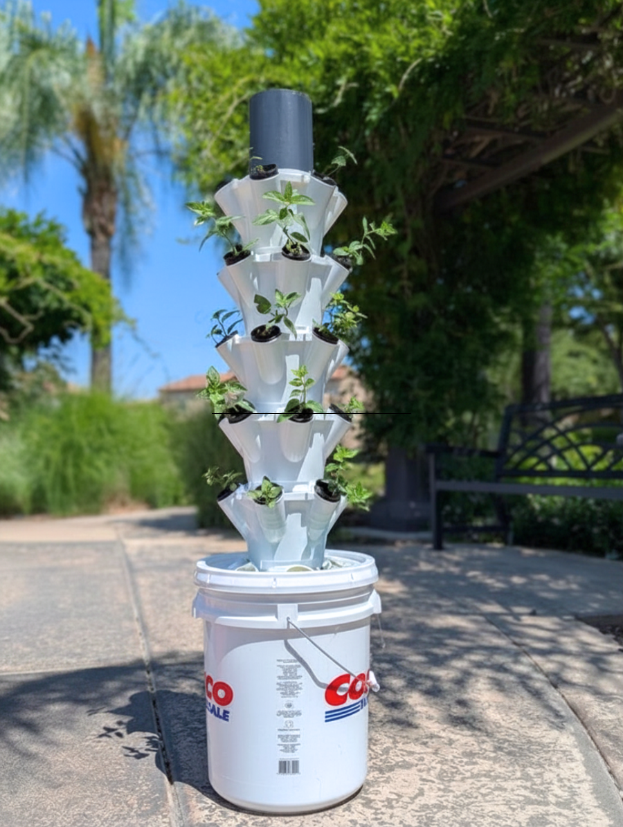 A vertical garden tower made of white plastic tiers with small potted green plants, mounted on a white bucket outdoors on a paved walkway with trees and a bench in the background.