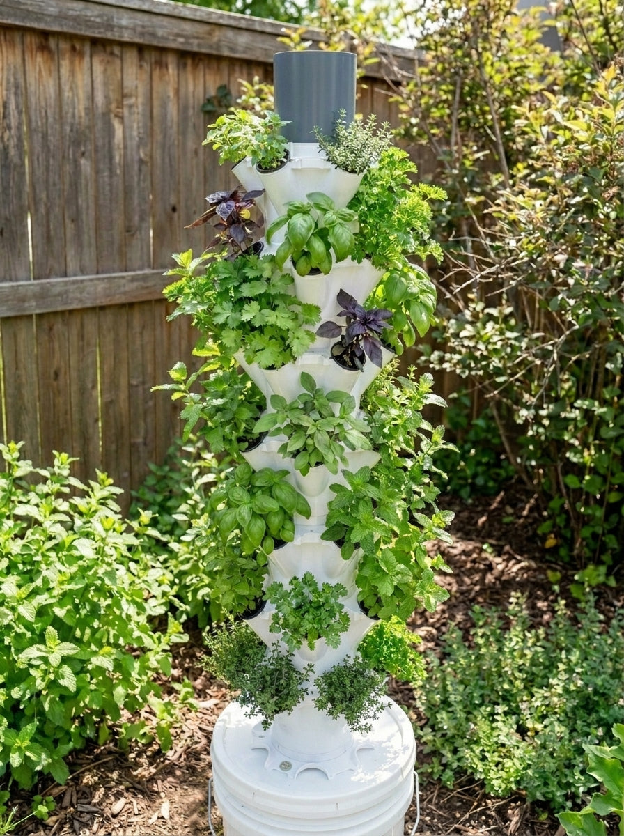 A vertical white plastic herb garden tower filled with green herbs and small purple flowers, set outdoors in a garden bed next to a wooden fence.