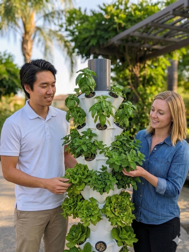 A man and a woman stand outdoors beside a white vertical hydroponic garden tower filled with green leafy plants. The man wears a white polo shirt, and the woman wears a blue denim shirt.