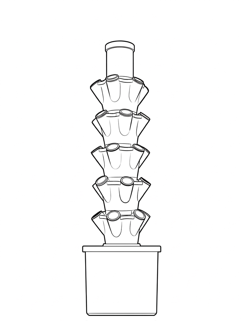Black and white line drawing schematic of a hydroponic stack plantless simplified water reservoir, showing five stacked tiers on a base pot with a 1-meter scale indicator.