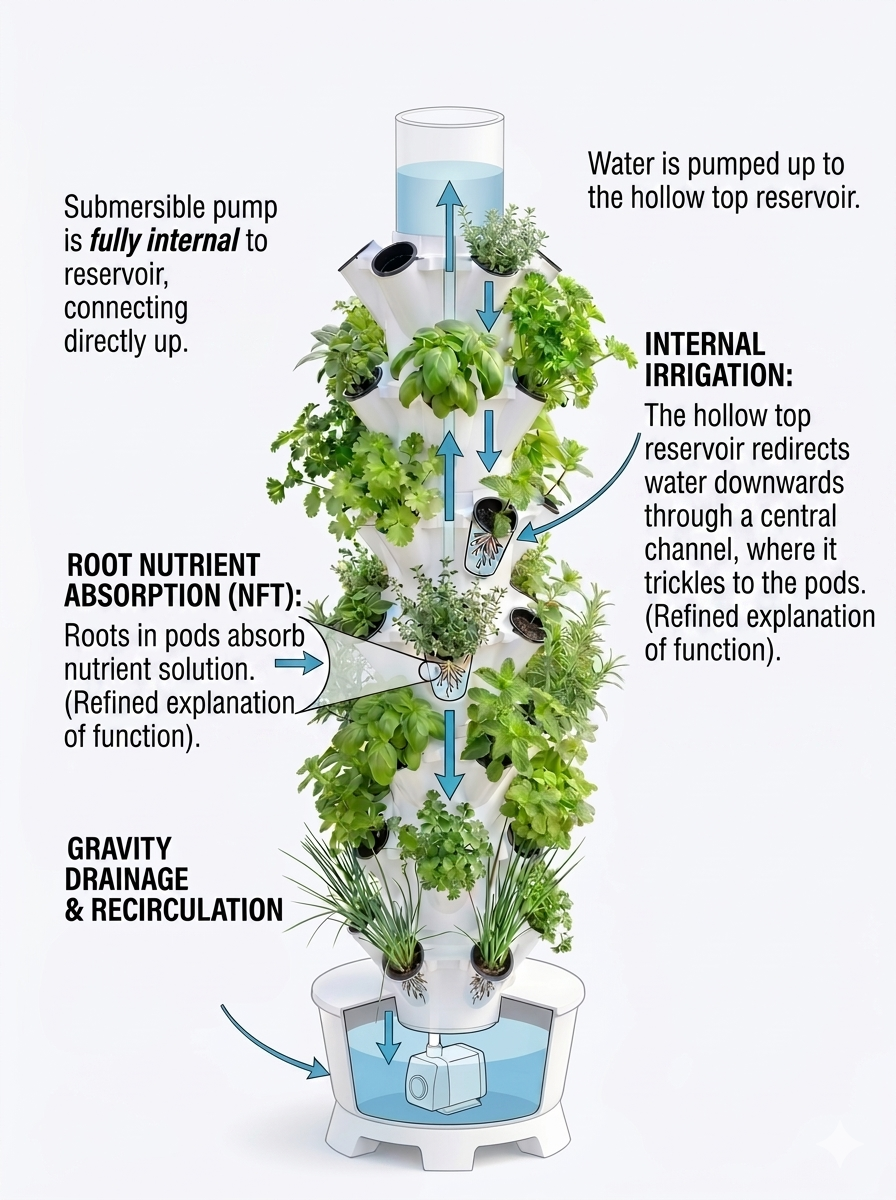 A vertical indoor garden tower with layered white planters holding green leafy plants, shown on a light gray background with explanatory callout text and arrows about water circulation, nutrient absorption, and drainage.